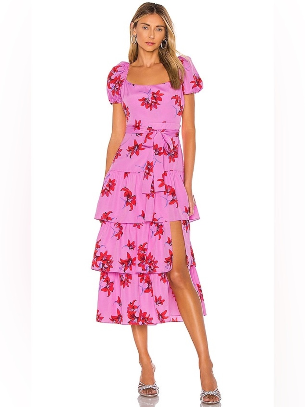Likely Lottie Tiered Floral Puff Sleeve Midi Dress | Red & Pink Multi | Size 2